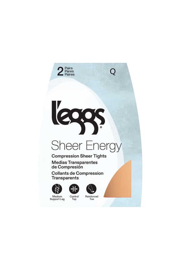 Sheer Energy Medium Leg Support Control Top Sheer Tights Women's Reinforced Toe, 2 Pair