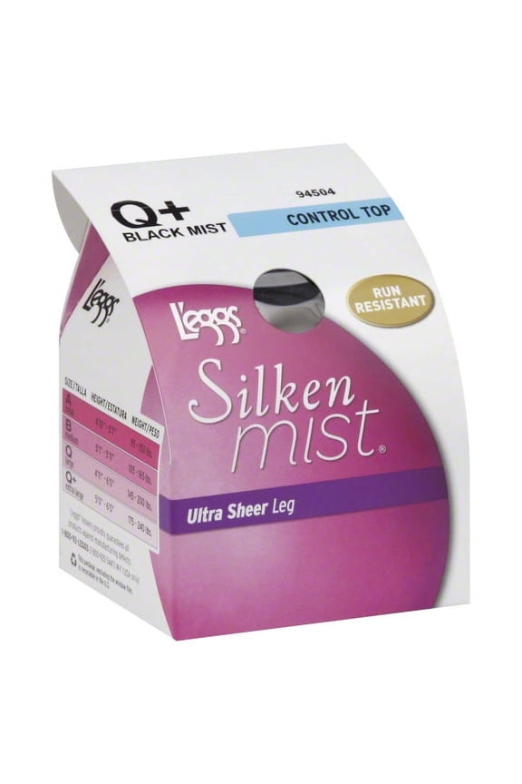 Silken Mist Ultra Sheer with Run Resist Technology, Control Top Toe Pantyhose, 1-Pack Black Q+ Women's