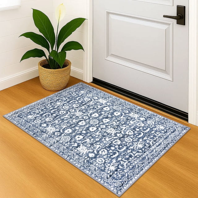 Suelur Throw Rugs with Rubber Backing Washable 2x3 Non Slip Small Area Rugs Vintage Floral Rugs Super Soft Kitchen Rug Front Door Rugs for Foyer Bedroom Entryway, Light Blue and White