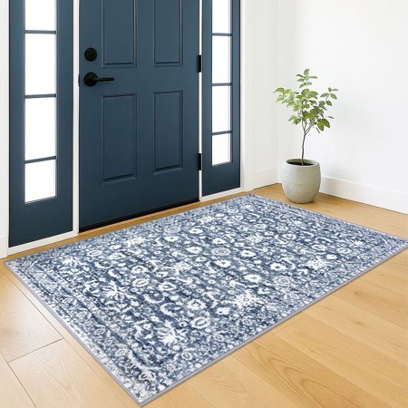 Suelur Area Rugs with Non Slip Rubber Backing Washable 3x5 Vintage Floral Rugs Super Soft Rug Entryway Rugs Carpet for Bedroom Entrance Foyer Living Room, Light Blue and White