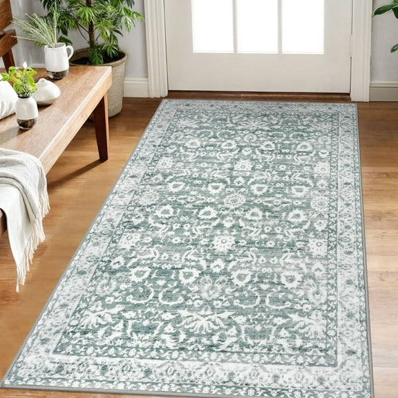 Suelur Area Rugs with Non Slip Rubber Backing Washable 3x5 Vintage Floral Rugs Super Soft Rug Entryway Rugs Carpet for Bedroom Entrance Foyer Living Room, Sage Green and White