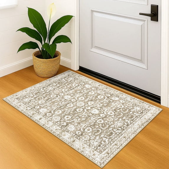 Suelur Throw Rugs with Rubber Backing Washable 2x3 Non Slip Small Area Rugs Vintage Floral Rugs Super Soft Kitchen Rug Front Door Rugs for Foyer Bedroom Entryway, Light Beige Tan and White