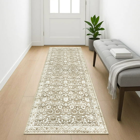 Suelur Washable 2x5 Runner Rug for Hallways Non Slip Rug Runners Vintage Floral Runners Super Soft Printed Carpet Runners for Entryway Bedroom Bedside Kitchen Laundry Room, Light Beige Tan and White