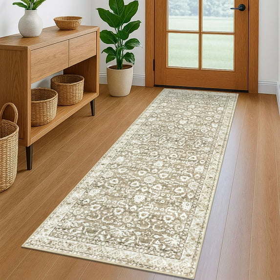 Suelur Runner Rugs for Hallway 2x6 Washable Kitchen Runner Rug Non-Slip Carpet Runners Printed Super Soft Vintage Floral Floor Runenrs for Entryway Bedroom Laundry Room, Light Beige Tan and White