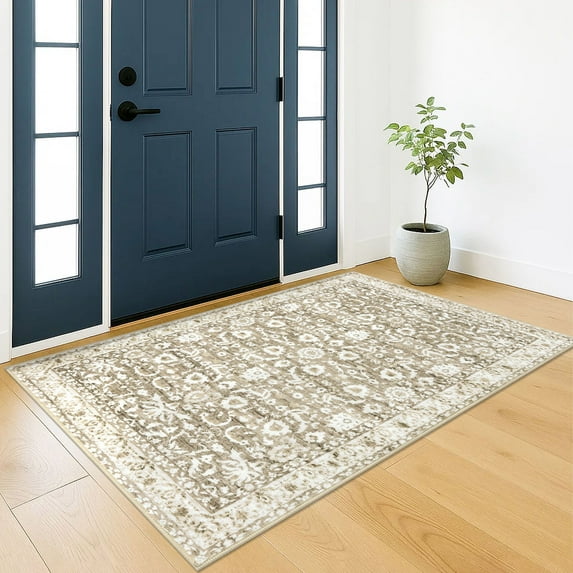Suelur Area Rugs with Non Slip Rubber Backing Washable 3x5 Vintage Floral Rugs Super Soft Rug Entryway Rugs Carpet for Bedroom Entrance Foyer Living Room, Light Beige Tan and White