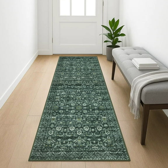Suelur Washable 2x5 Runner Rug for Hallways Non Slip Rug Runners Vintage Floral Runners Super Soft PrintedCarpet Runners for Entryway Bedroom Bedside Kitchen Laundry Room, Dark Green