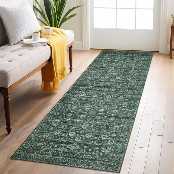 Suelur Runner Rugs for Hallway 2x6 Washable Kitchen Runner Rug Non-Slip Carpet Runners Printed Super Soft Vintage Floral Floor Runenrs for Entryway Bedroom Laundry Room Indoor, Dark Green