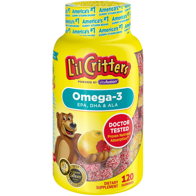 L'il Critters Kids Omega-3 Gummy, 3 Fatty Ccids, DHA, EPA and ALA. 120 ct (60-120 day Supply), Delicious Citrus Flavors