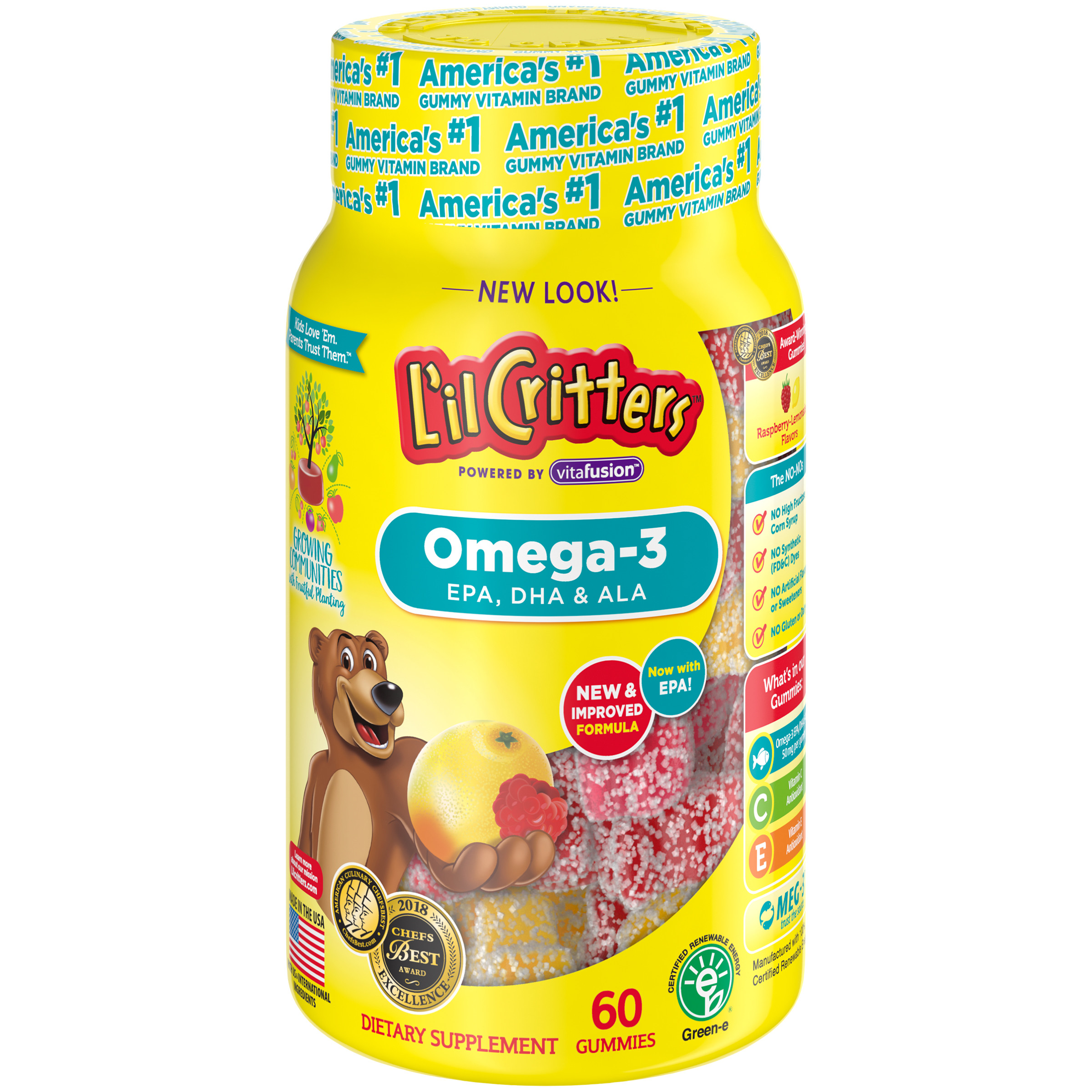 L'il Critters Kids Omega-3 Gummy, 3 fatty acids, DHA, EPA and ALA. 60 ct (30-60 day supply), Delicious Citrus Flavors (No Fishy Taste) from America's Number One Kids Gummy Vitamin Brand - image 1 of 8