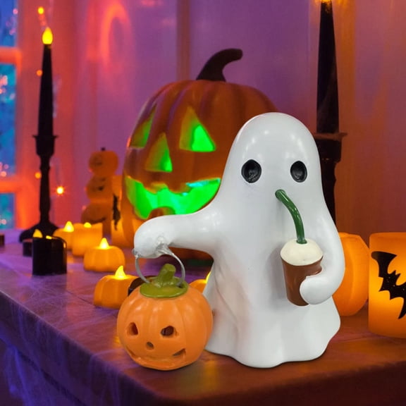 Lmpara noche calabaza fantasma hecha mano Halloween linda lmpara estatua fantasma espeluznante LED adornos navideos resina mini adornos gticos luminosos escritorio halloween party decorations