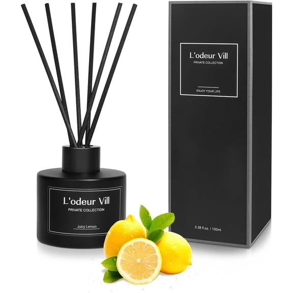 L'odeur Vill Reed Diffuser, 3.4oz(100ml) Juicy Lemon Reed Diffuser Set with 6 Oil Diffuser Sticks, Matte Black Aroma Scent Diffuser, Long Lasting Home Fragrance for Bathroom Shelf Decor