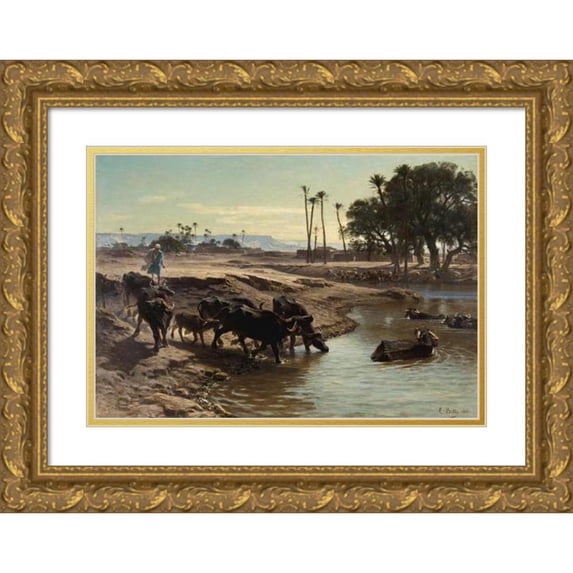 Léon-Adolphe-Auguste Belly 24x18 Gold Ornate Framed and Double Matted Museum Art Print Titled - Buffaloes Bathing in the Nile (1861)