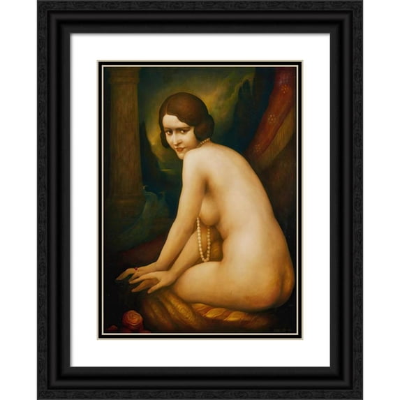 Léonard Sarluis 18x24 Black Ornate Framed Double Matted Museum Art Print Titled: Woman with a Pearl Necklace (1931)