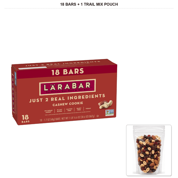 Lrabar Cashew Cookie, Fruit & Nut Bars, 1.7 oz, 18 Bars with 1 Bybies Trail Mix Pouch, 2 oz