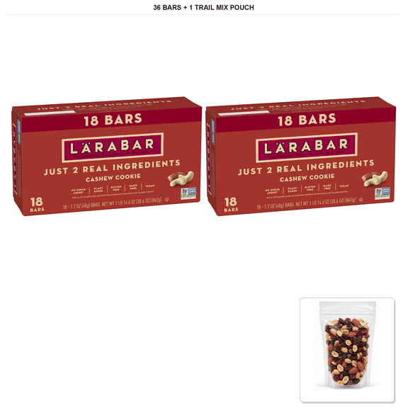 Lrabar Cashew Cookie, Fruit & Nut Bars, 1.7 oz, 36 Bars with 1 Bybies Trail Mix Pouch, 2 oz