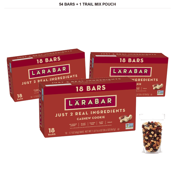 Lrabar Cashew Cookie, Fruit & Nut Bars, 1.7 oz, 54 Bars with 1 Bybies Trail Mix Pouch, 2 oz