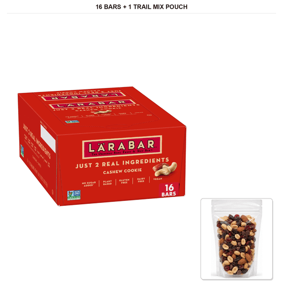 Lrabar Cashew Cookie Fruit & Nut Bars, 16 Bars, 1.7 oz Each with 1 Bybies Trail Mix Pouch, 2 oz
