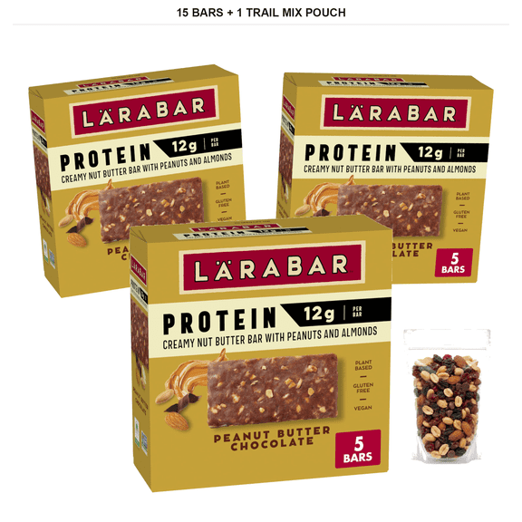 Lrabar Peanut Butter Chocolate Protein Bars, 15 Bars, 7.95 oz with 1 Bybies Trail Mix Pouch, 2 oz