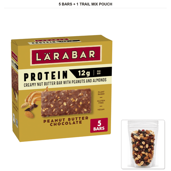 Lrabar Peanut Butter Chocolate Protein Bars, 5 Bars, 7.95 oz with 1 Bybies Trail Mix Pouch, 2 oz