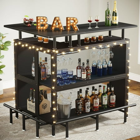 L-shape Bar Table with Stemware Racks and Shelves - N/A Black