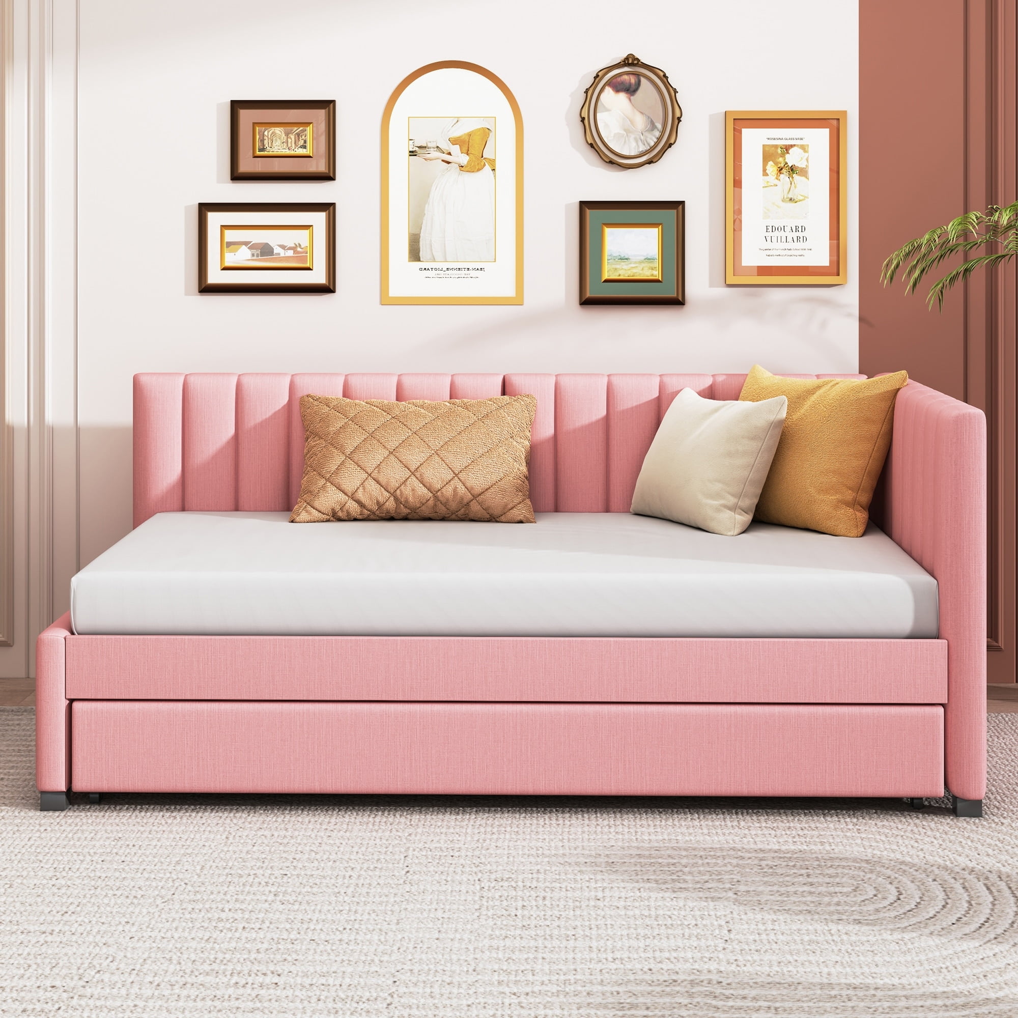 L-shape Guardrail Linen Fabric Sofa Bed Semi-closed Upholstered Daybed Pink - Trundle - Twin