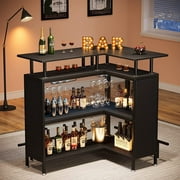 L-shape Home Bar Unit, Liquor Bar Table with 2-Tier Storage - N/A Black