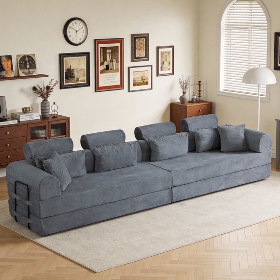 L shape Modular Sectional Sofa Couch , 4 Seat Compressed Sectional Sofa Modern Minimalist Style Corduroy Sofa Couch,Unfold into a bed for Living Room, Apartment, No Assembly Required, Dark Gray