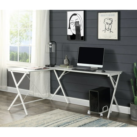 L-shape White Project Table With Metal Frame And Spacious Tabletop For Projects Computer Worktable Framework Office