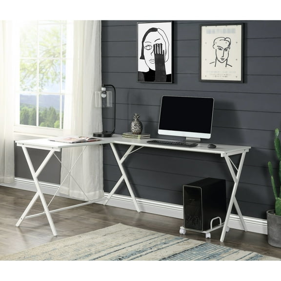 L-shape White Project Table With Metal Frame And Spacious Tabletop For Projects Computer Worktable Framework Office