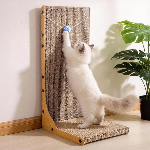 L shape cat scratcher with toy ball, 23.6 inch vertical scratching board for indoor cats, durable wall and couch protector, large cat scratching post for multiple rooms, brown