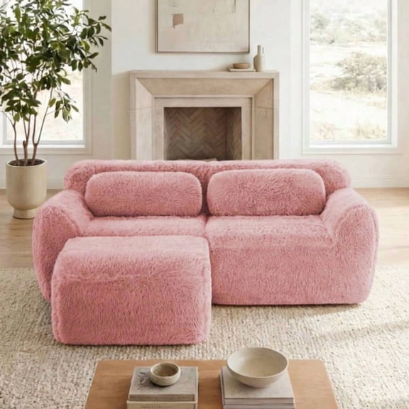 L - shaped Boneless Sofa, Soft Fluffy Plush Fabric, With Chaise 32D High Density Sponge, No Assembly Required, Design Bottom Anti - Slip Design, With Throw Pillows, Fits Bedrooms, Pink