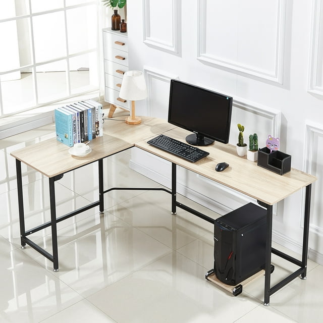 L-shaped Computer Corner Desk Wood board Steel frame Laptop Table ...