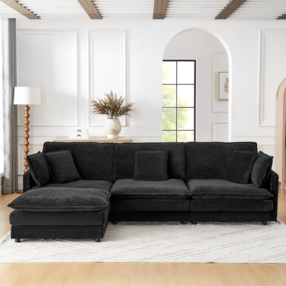 L-shaped Convertible With , 4 Seater In Black Towel Fabric Sectional For Living Room