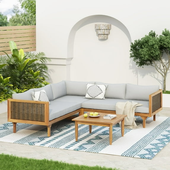 L-shaped Corner Sectional Seating Group with Waterproof Stain-resistant Cushions, Outdoor Furniture Set with High-resilience Foam, for Villas, Balcony, Gray