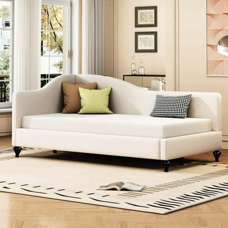 L-shaped Daybed In Beige Linen With Solid Wood Frame - Twin Legs