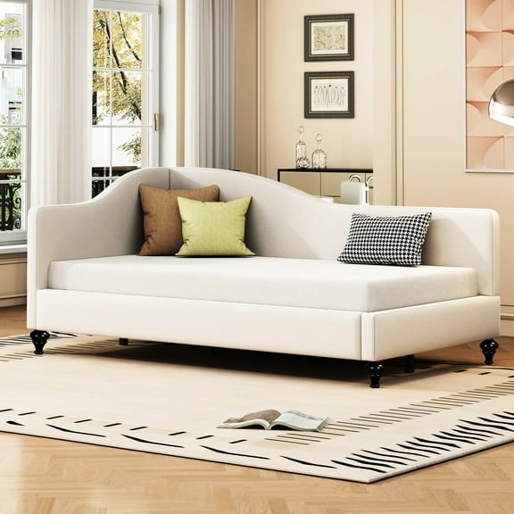 L-shaped Daybed In Beige Linen With Solid Wood Frame - Twin Legs
