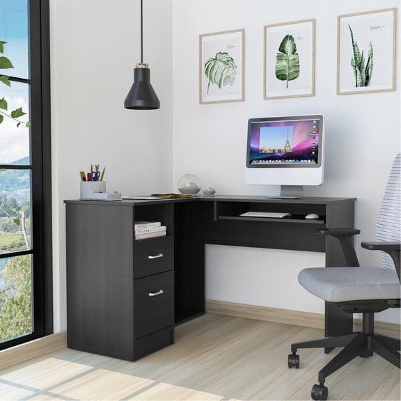 L-shaped Desk In Black , Keyboard Shelf For Home With Character, Functional