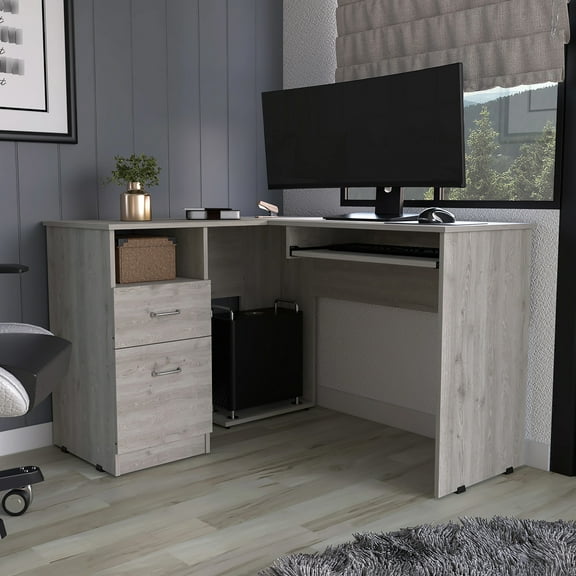 L-shaped Desk In Grey Finish, 2 Drawers And 1 Functional Shelf Office With L-shape 2 Storage