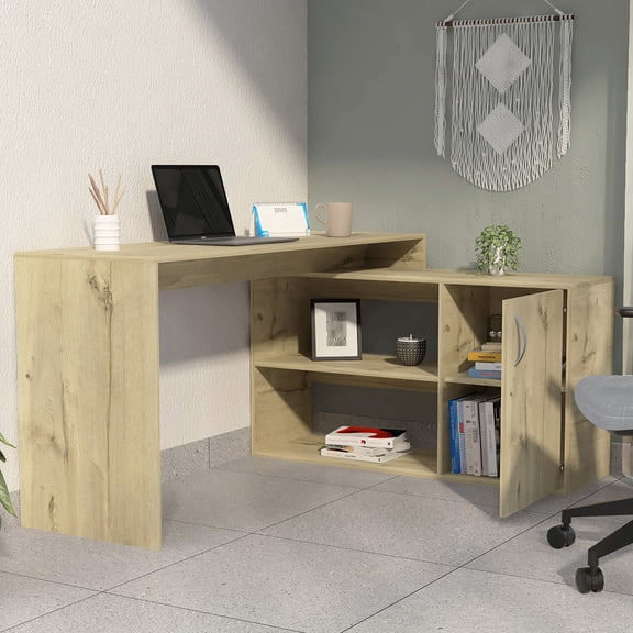 L-shaped Desk In Oak, Offering Abundant And Storage Choices Office With Structure 1 Drawer, 2 Shelves