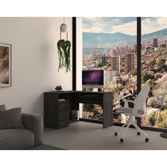 L-shaped Desk With Keyboard Tray And Two Drawers, Oak Tone, Structure, 48.22 In. Depth, 40.19 Width, 30.43 Height Retractable Tray, Oak, Deep X Wide High, Drawers Metal Handles