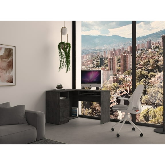 L-shaped Desk With Left Return, Particle Board, Oak Finish, Keyboard Tray, Two Drawers, 46.04 In. D X 40.97 W 31.08 H, Dependable Desk, One Open Shelf, 98.5 Lb, H