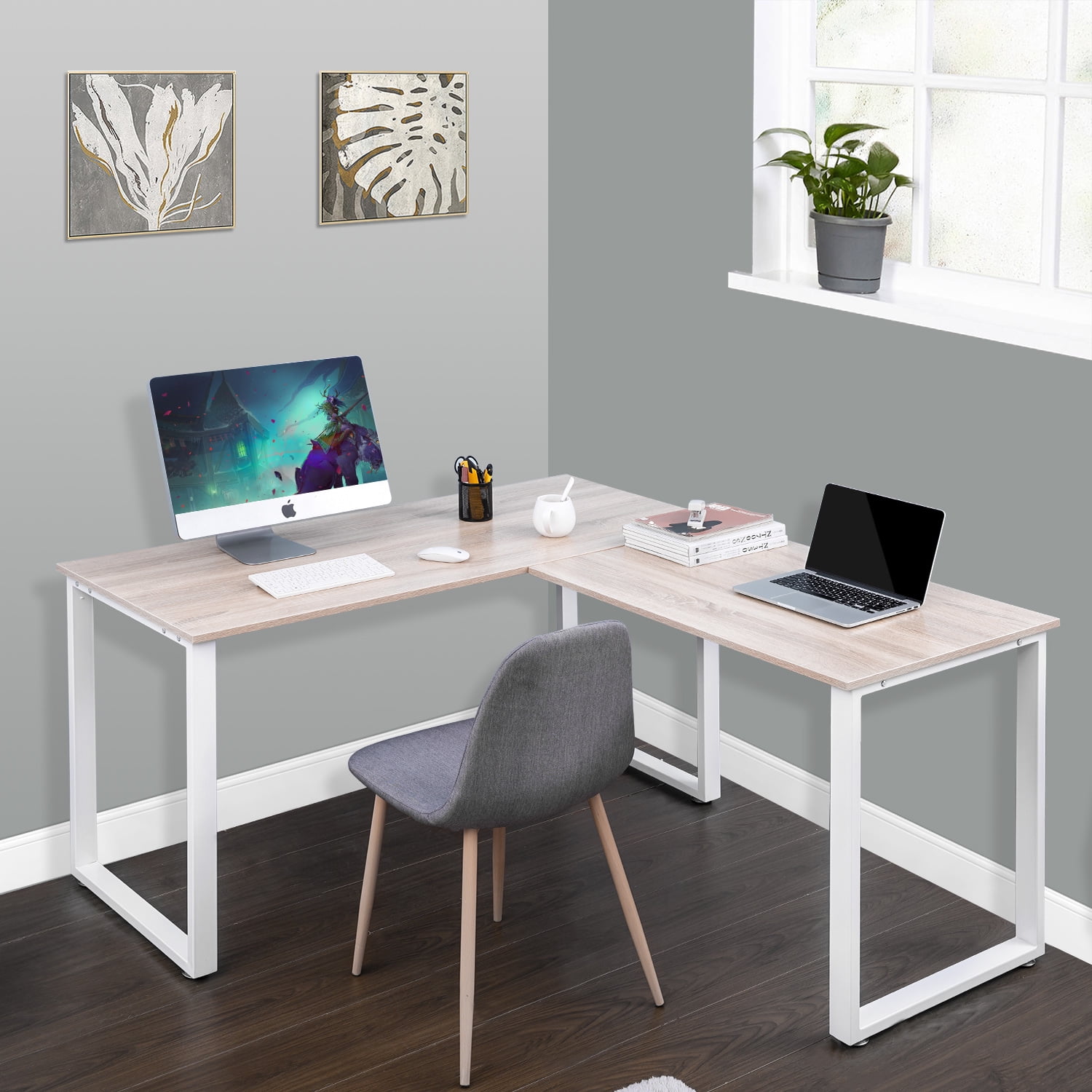 Corner Computer Desk. Writing Table with Steel Frame for Small