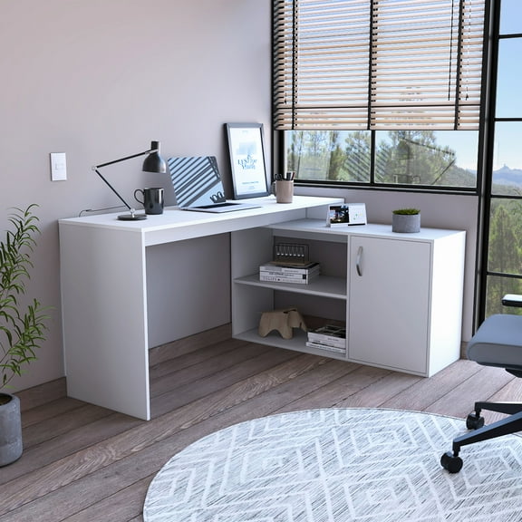 L-shaped Desk With Right Return - White Finish, 59" Wide Worktop, 2 Open Shelves, 1 Cabinet Interior Solid Wood + , Engineered For Living Room 59.31" Wide, Construction