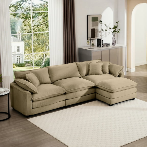 L-shaped Double Tan Corduroy With - Elevate Your Comfort Experience 3 Footrest Enjoy Unbeatable And Style