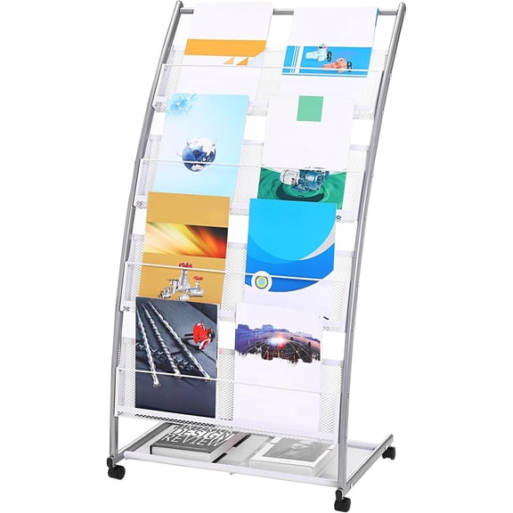 L-shaped Floor Standing Magazine Display Rack with 4 Layers, Wheels, for Brochures, Catalogs in Hotel, Exhibition, Trade Show, Office