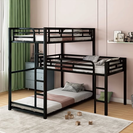 L-shaped Metal Triple Twin Size Bunk Bed, Black