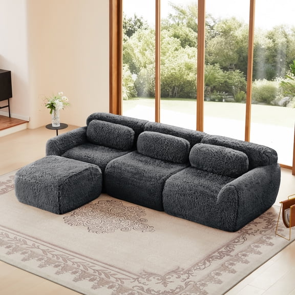 L-shaped Modular Sectional Sofa with Back Cushion, Soft Fluffy Couches with Sleepable Armrest and Deep Seat, Sectional Couches with 32D High Density Sponge for Living Room, Dark Grey