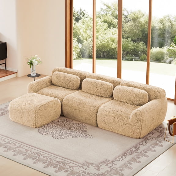 L-shaped Modular Sectional Sofa with Back Cushion, Soft Fluffy Couches with Sleepable Armrest and Deep Seat, Sectional Couches with 32D High Density Sponge for Living Room, Light Khaki