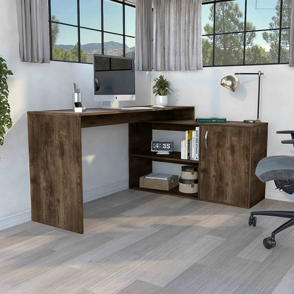 L-shaped Office Desk In Dark Brown - 59" Long Work Surface Table With File Storage