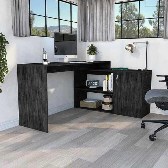 L-shaped Office Desk - Oak, 30.74 In. High, Ergonomic With Particle Board Functional Storage